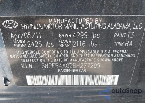 2011 Hyundai Sonata Gls z USA, uszkodzony, nr VIN 5NPEB4AC2BH277299